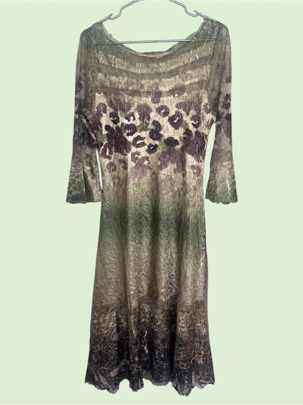 Lindi Olive Green Floral Lace Midi Dress Size XS Cheetah Print Elegant Flirty